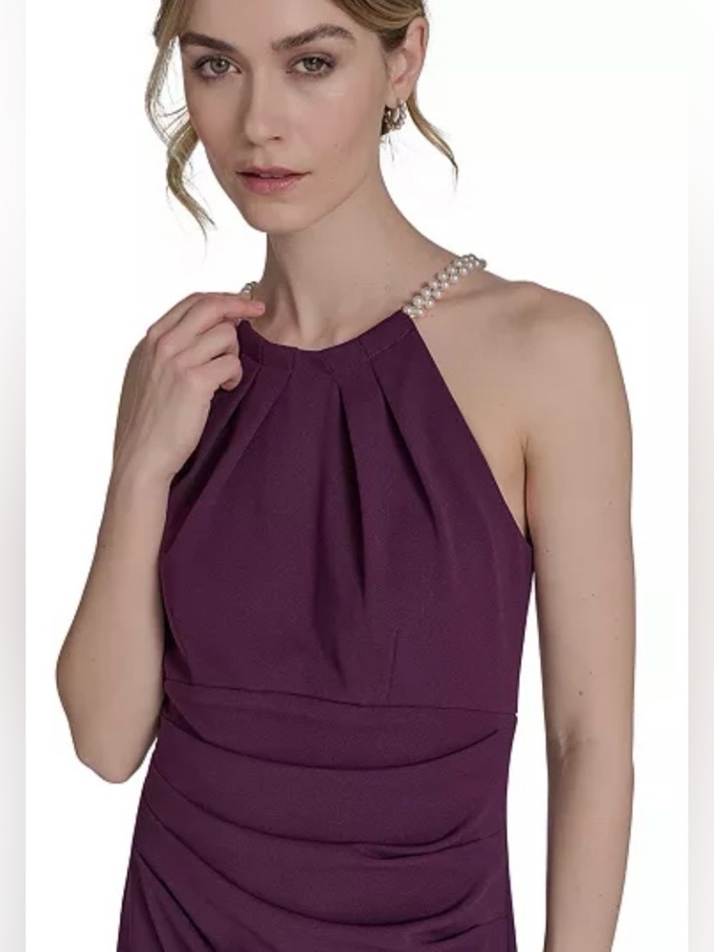 NWT Eliza J Plum Pearl Halter Ruched Gown Size 10